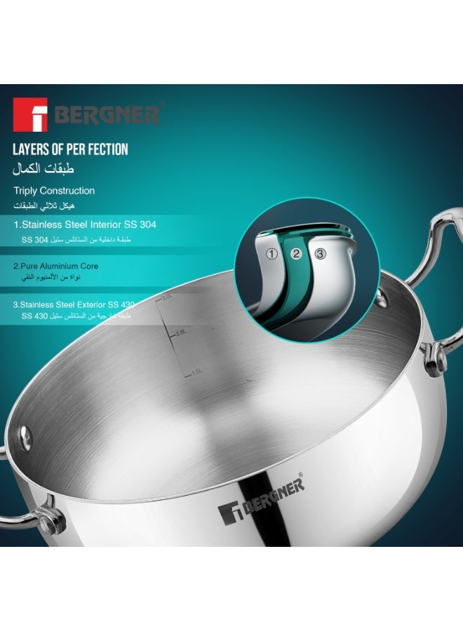 Bergner Argent Saira Saiba Triply Stainless Steel 3-Piece Cookware Set with 22cm (2.5L) Frypan, 22cm (3L) Casserole, Common Lid, Low-Oil Healthy Cooking, Even Heating, Induction & Gas Compatible - Image 2